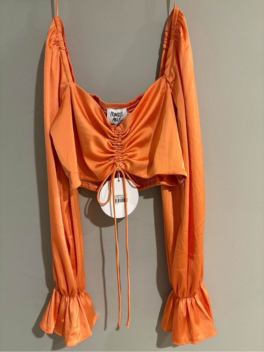 Princess Polly Orange Satin Ruched Crop Top US 8 Bell Sleeve NWT